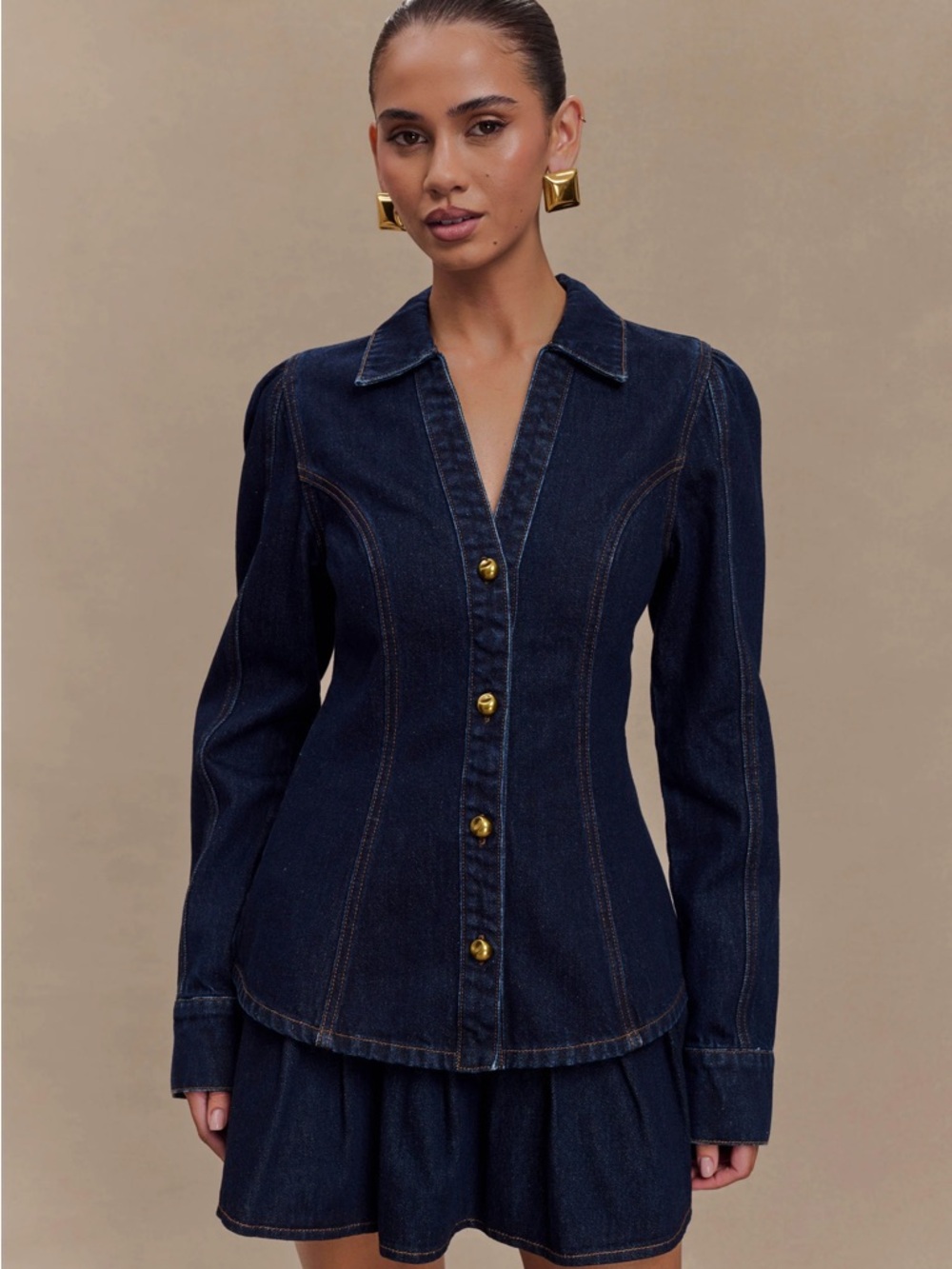 Meshki Hilary Long Sleeve Denim Top Indigo Blue Size Large